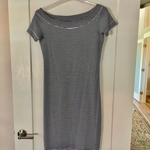 H&M Knit Summer Dress, Boat Neck, Off The Shoulder, L Large, Navy White Stripes